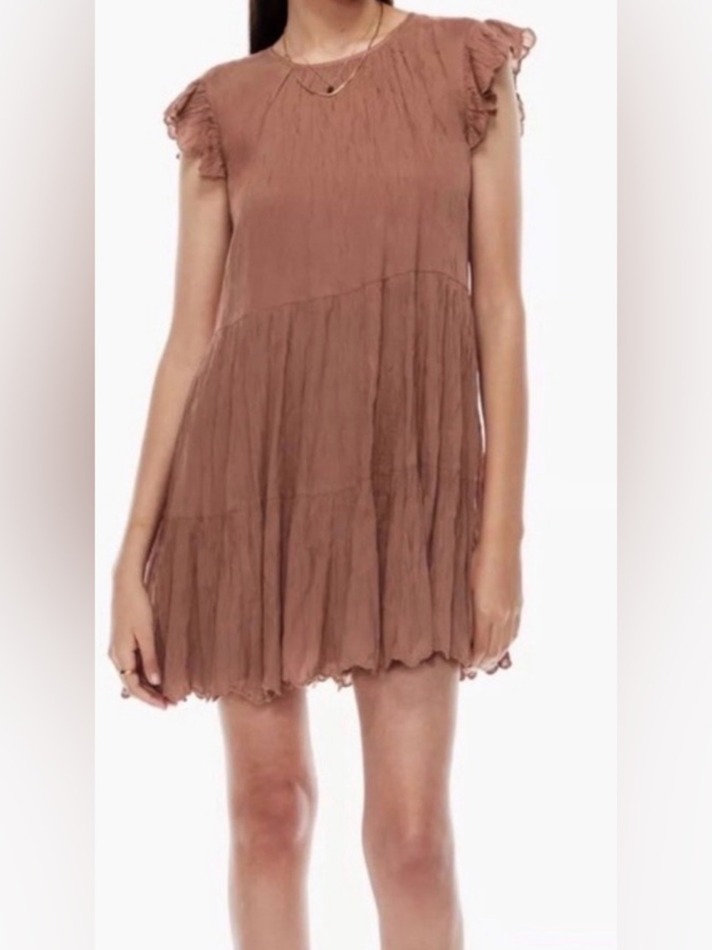 Wilfred Sidonie tiered flutter sleeves baby doll mini dress. Aritzia